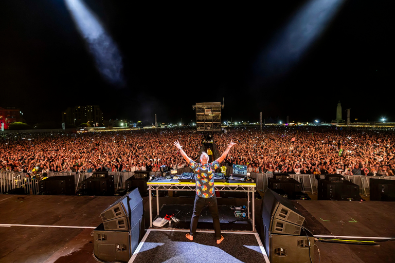 DJ Fatboy Slim seen from behind raising his arms in front of a massive cheering crowd during a live outdoor festival performance.